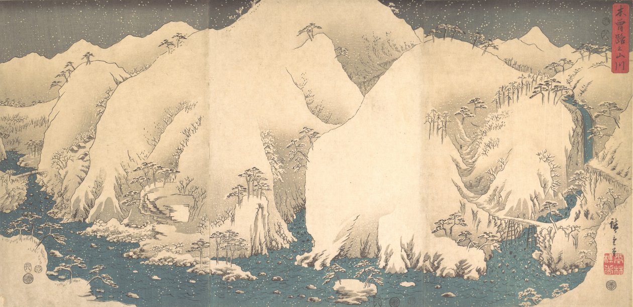 Kiso-fjellene i snø, datert 8. måned av Snak..., datert 8. måned i Snake-året, 1857. av Ando Hiroshige