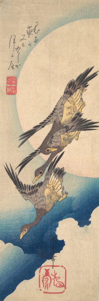 Villgås som flyr under fullmånen, ca. 1833., ca. 1833. av Ando Hiroshige