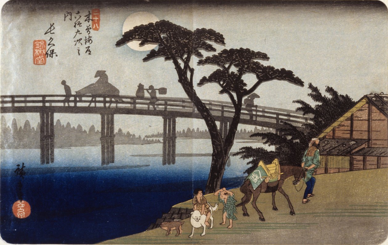 (Grå silhuetter på broen) av Ando or Utagawa Hiroshige