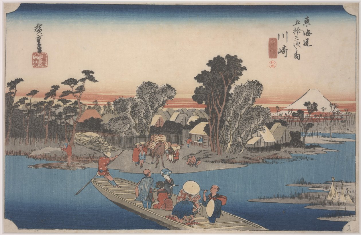 En ferge på Rokugo-elven av Ando or Utagawa Hiroshige