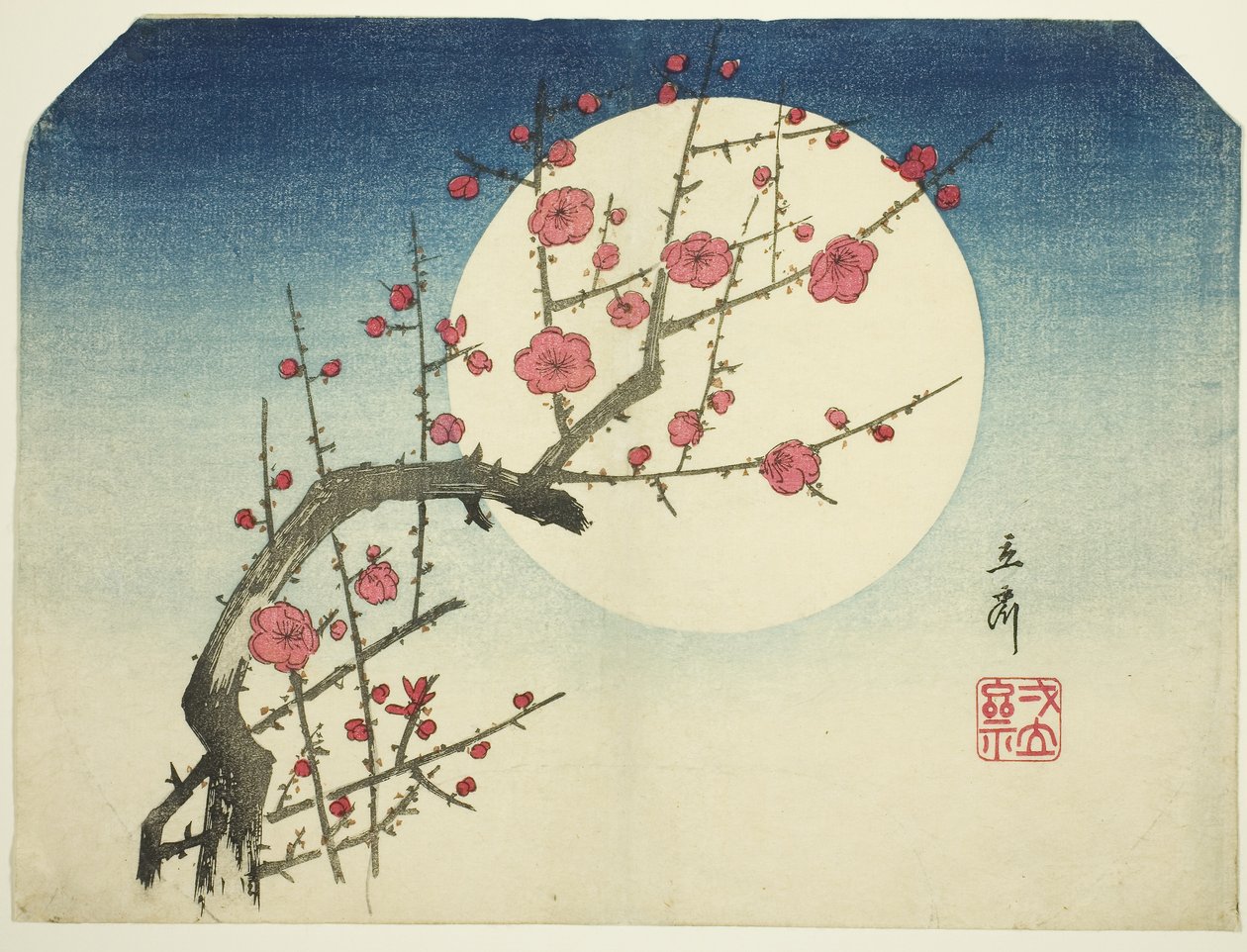 En rød plommegren mot sommermånen, ca. 1840 (farget treblokktrykk; uchiwa-e) av Ando or Utagawa Hiroshige