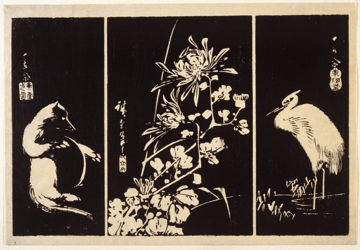 Grevling, krysantemum og trane av Ando or Utagawa Hiroshige