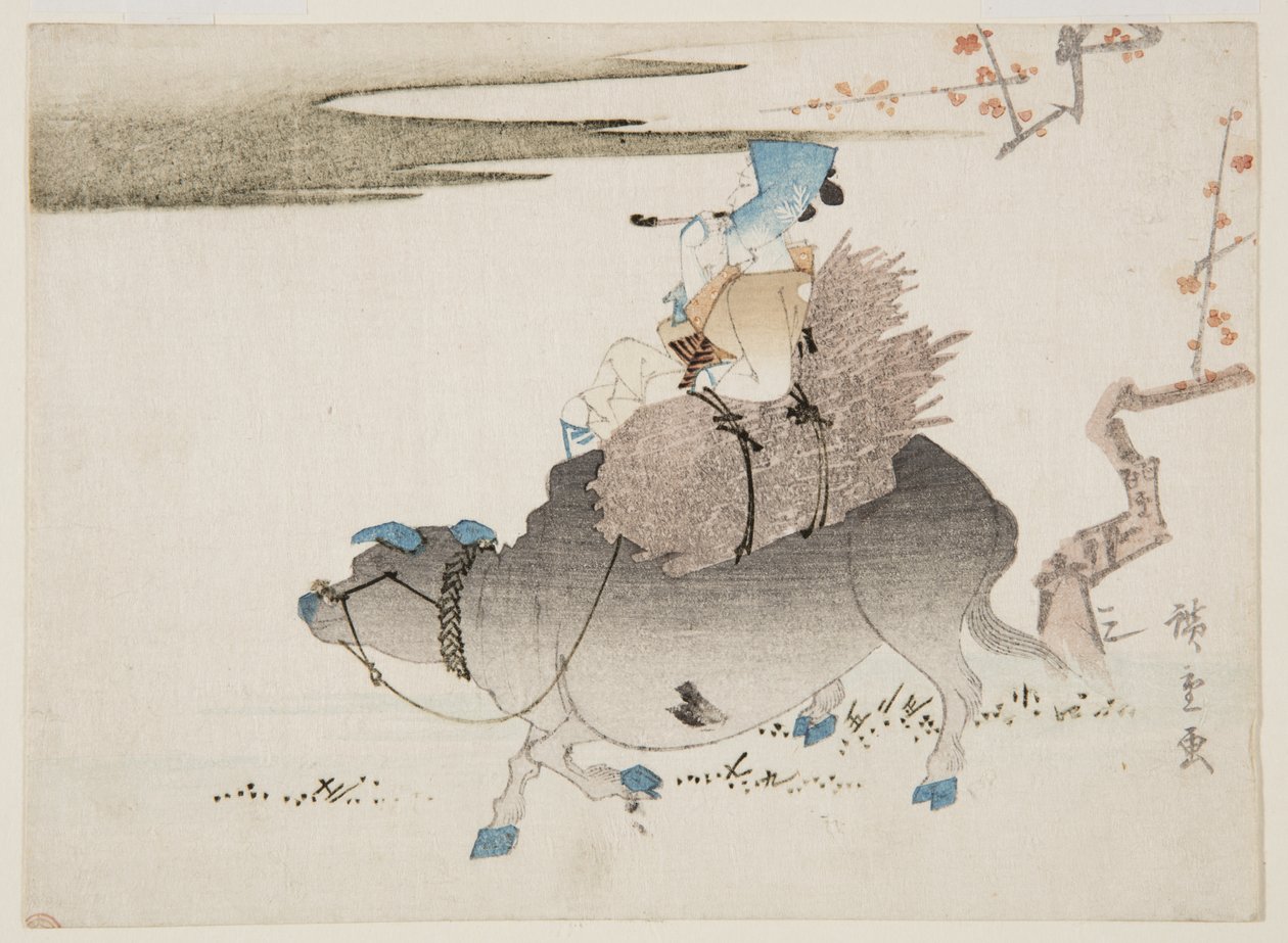 Cattleman and a cow (farget treblokktrykk) av Ando or Utagawa Hiroshige