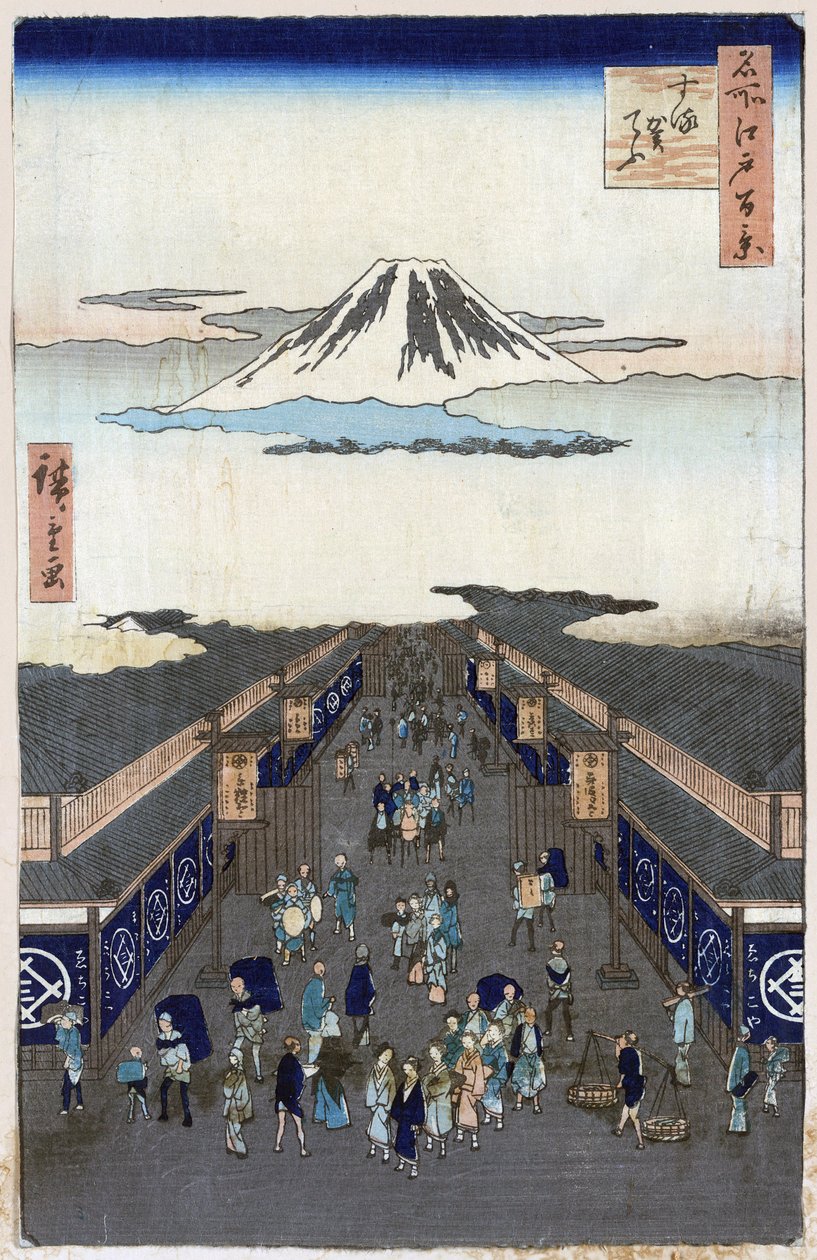 ""One Hundred Famous Views of Edo""(nåværende Tokyo): View of Surugacho (Suruga cho, Suruga-cho). Utsikt over byen Tokyo i Japan med Fuji-fjellet i bakgrunnen. (Surugacho (One Hundred Famous Views of Edo). Japansk trykk av Utagawa Hiroshige (1797-1858) av Ando or Utagawa Hiroshige