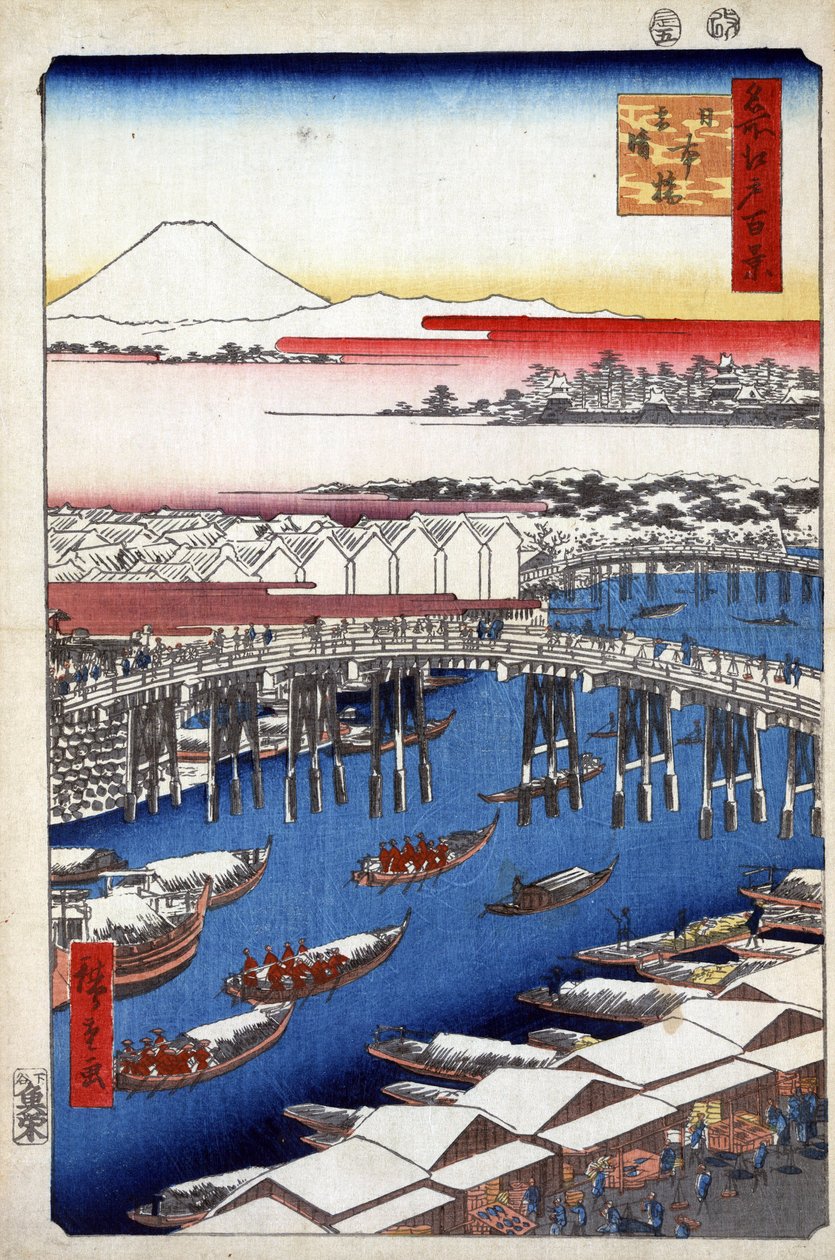 ""One Hundred Famous Views of Edo""(nåværende Tokyo): Nihonbashi eller Nihombashi Bridge, ryddet etter snøfall. Utsikt over byen Tokyo i Japan med Fuji-fjellet i bakgrunnen. (Klarvær etter snø ved Nihon-broen (Hundre kjente utsikter over Edo). av Ando or Utagawa Hiroshige