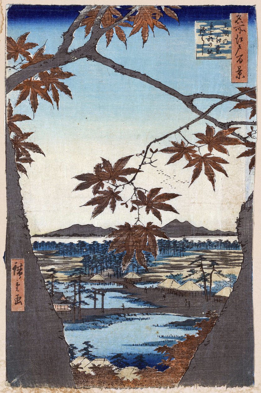 ""One Hundred Famous Views of Edo"" (Dagens Tokyo): Maple Leaves at Mama med Tekona Temple og Tsugi Bridge. Utsikt over byen Tokyo i Japan. (Maple Leaves and the Tekona Shrine and Bridge at Mama (One Hundred Famous Views of Edo). Japansk treblokktrykk av Ando or Utagawa Hiroshige