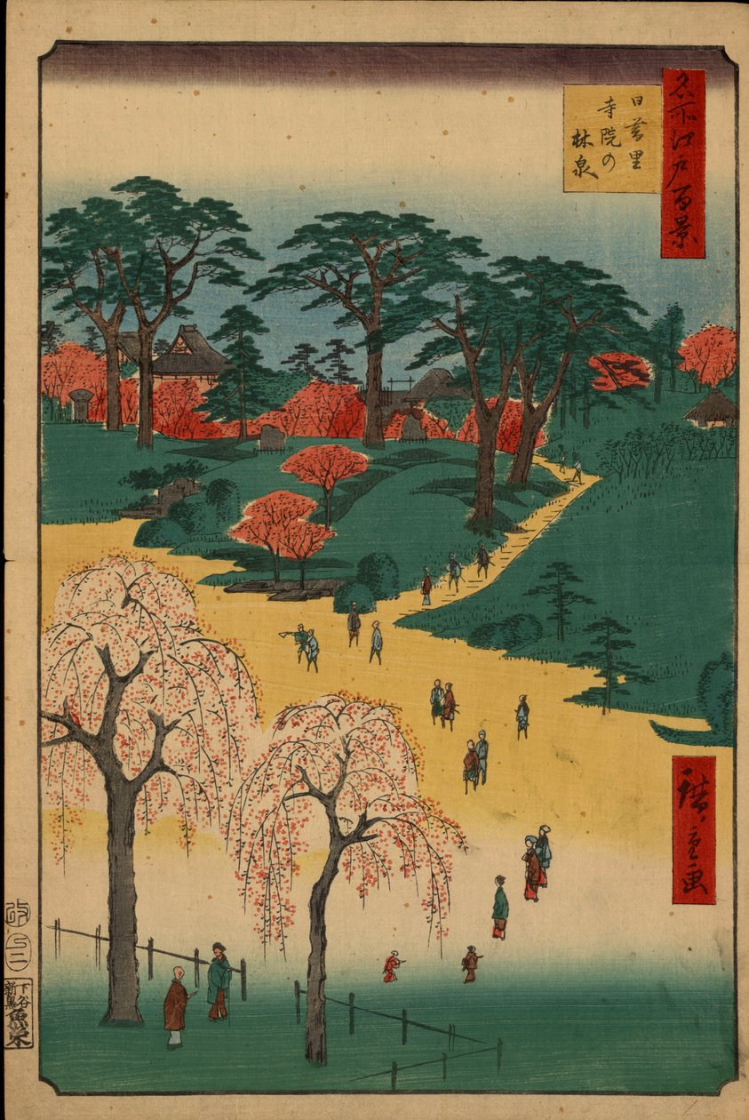 ""Hundre kjente utsikter over Edo"" (Dagens Tokyo): Temple Gardens in Nippori. Tokyo byutsikt i Japan. (Temple Gardens in Nippori (One Hundred Famous Views of Edo). Japansk trykk av Utagawa Hiroshige (1797-1858) av Ando or Utagawa Hiroshige