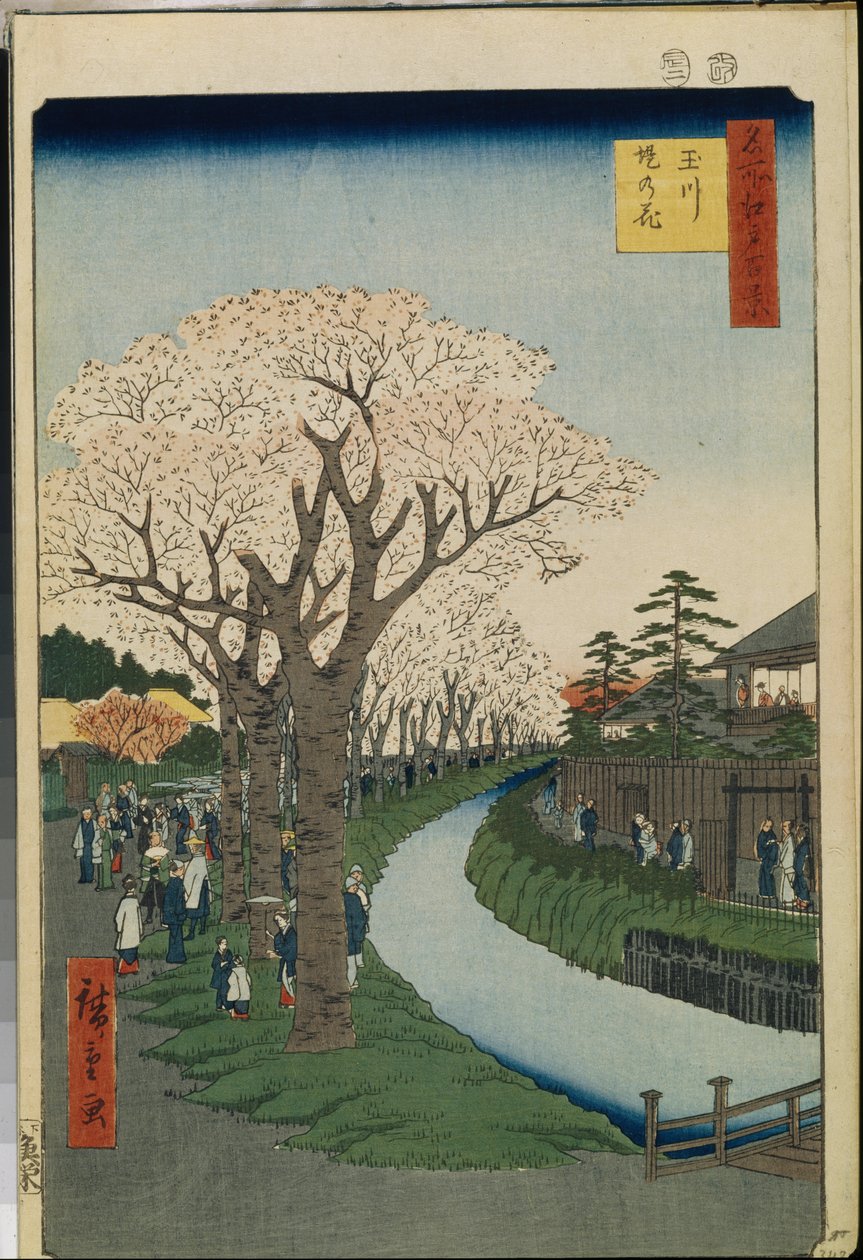 Cent vues celebres d"Edo: Cherry Blossoms on the Banks of the Tama River av Ando or Utagawa Hiroshige