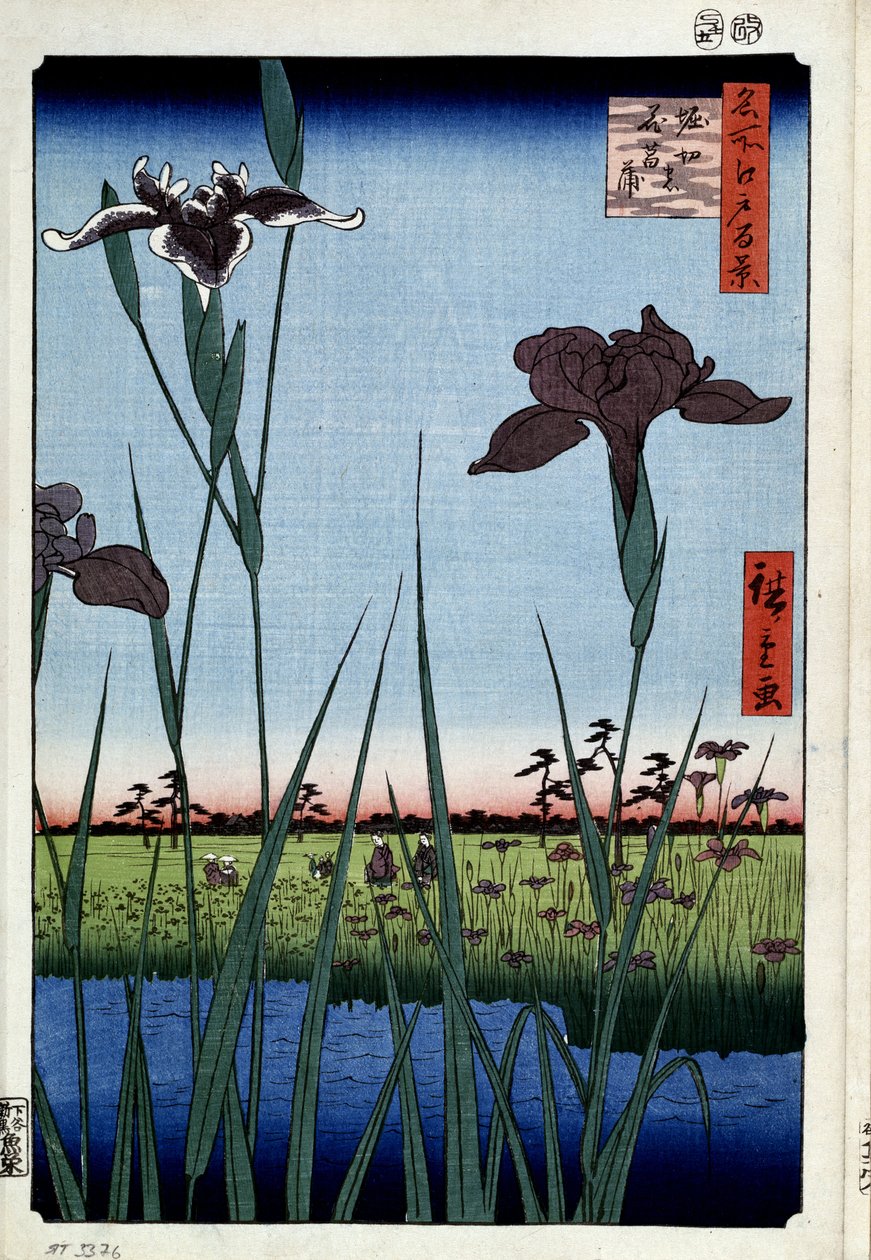 ""Hundre kjente utsikter over Edo"" : ""iris til Horikiri" (Irises at Horikiri (One Hundred Famous Views of Edo) Japansk trykk av Utagawa Hiroshige (1797-1858) 1856-1858 St. Petersburg Hermitage Museum av Ando or Utagawa Hiroshige