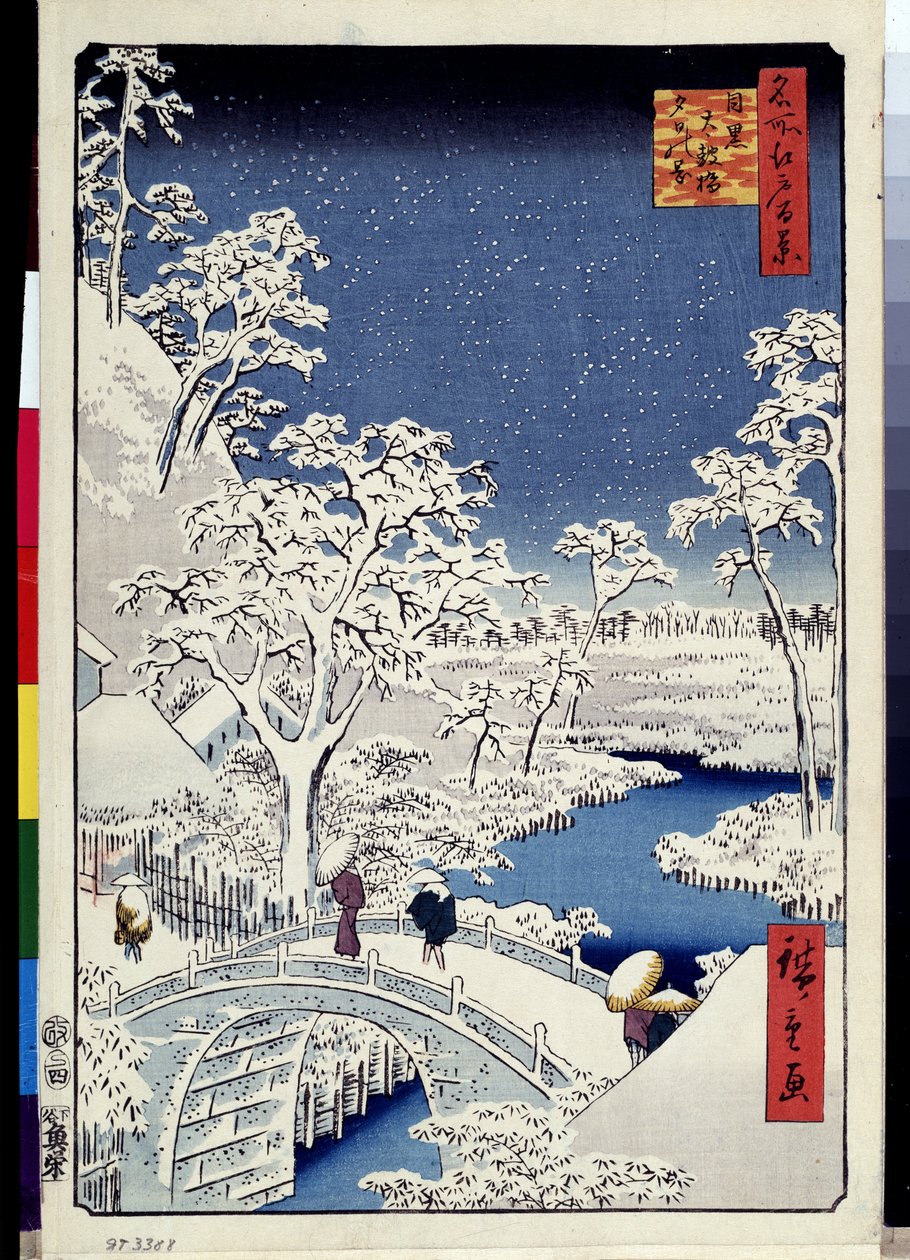 ""One Hundred Famous Views of Edo"": ""Mount Yuhi Hill and Meguro Bridge"". Landskap med snøflak. (Yuhi Hill and the Drum Bridge at Meguro (One Hundred Famous Views of Edo) Japansk trykk av Utagawa Hiroshige (1797-18 av Ando or Utagawa Hiroshige