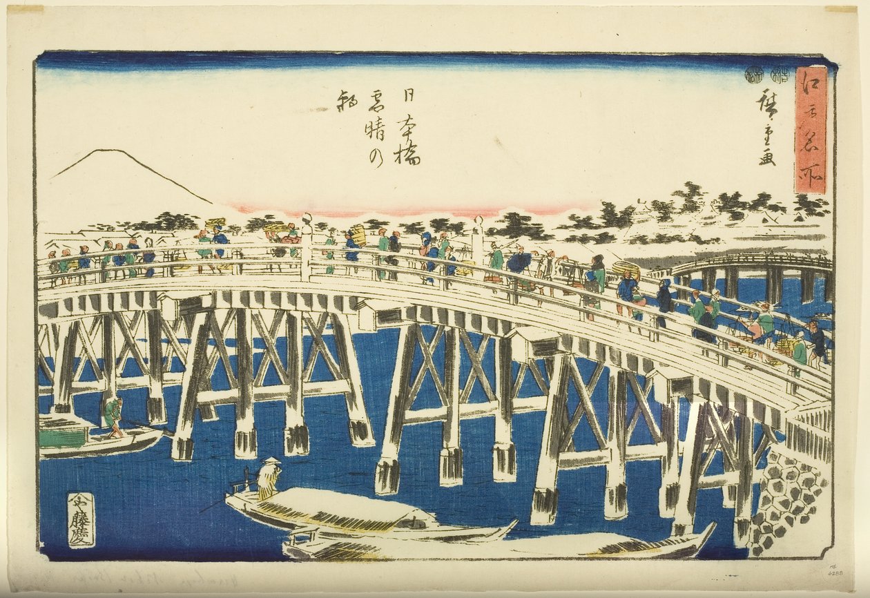 Cair er også r mennesker g af hånd r S w ved Nihonbashi B ri dge (Nihonbashi snørik morgen) av Ando or Utagawa Hiroshige