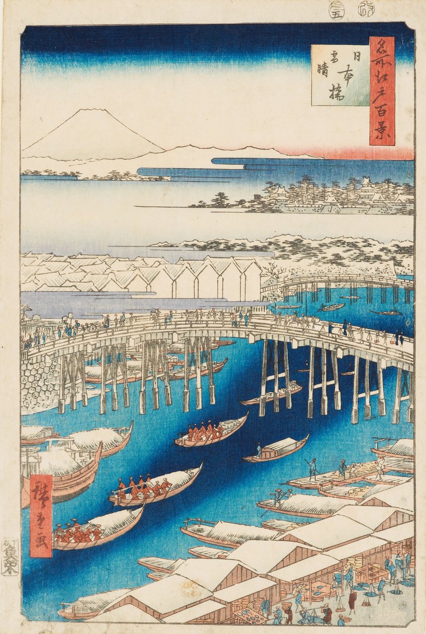 Rydding etter snø ved Nihonbashi-broen av Ando or Utagawa Hiroshige