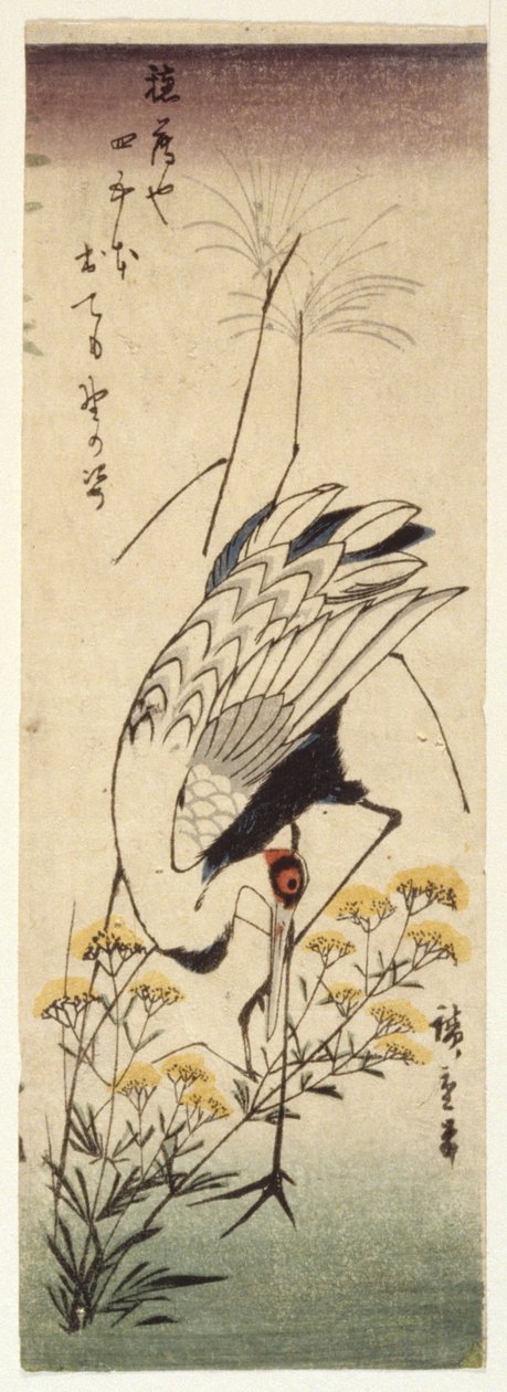 Trane med villsennep (farget treblokktrykk) av Ando or Utagawa Hiroshige