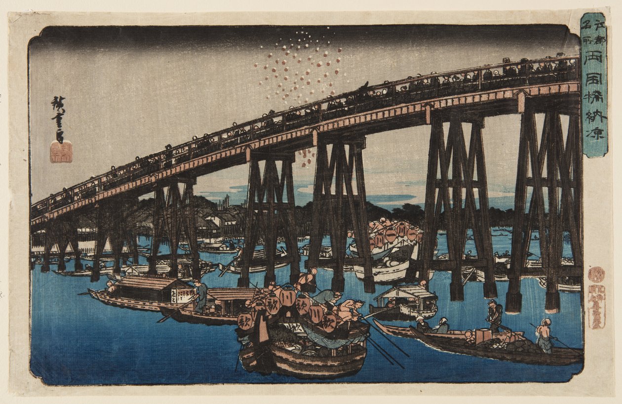 Nyter kveldskjølingen på Ry?goku-broen (Ry?goku-bashi n?ry?) (treblokktrykk i farger) av Ando or Utagawa Hiroshige