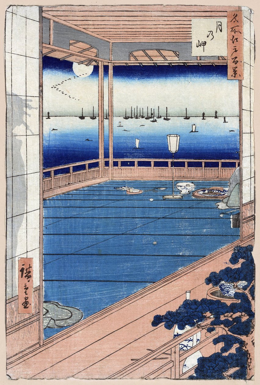 Japansk trykk: Moonlight. Serie hundre kjente visninger av Edo. (Måneskinn. Hundre kjente utsikter over Edo). Verk av Utagawa Hiroshige (1797-1858), tresnitt av Ando or Utagawa Hiroshige