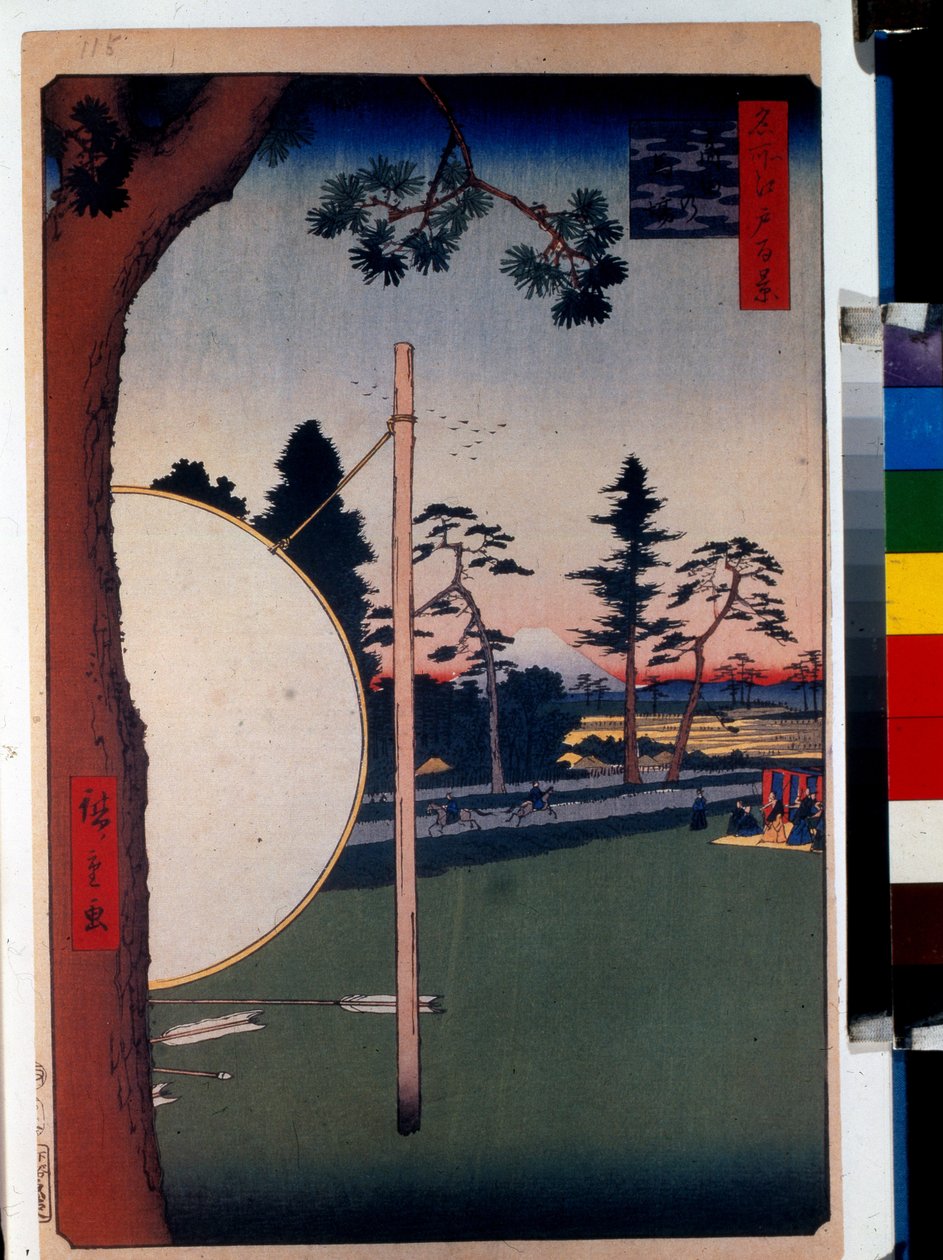 Japansk trykk: Hesteveddeløpsbanen i Takata (Tokyo, Japan). Serie hundre kjente visninger av Edo. (Hestebanen ved Takata, hundre kjente utsikter over Edo). Verk av Utagawa Hiroshige (1797-1858), tresnitt (39x26 cm) av Ando or Utagawa Hiroshige