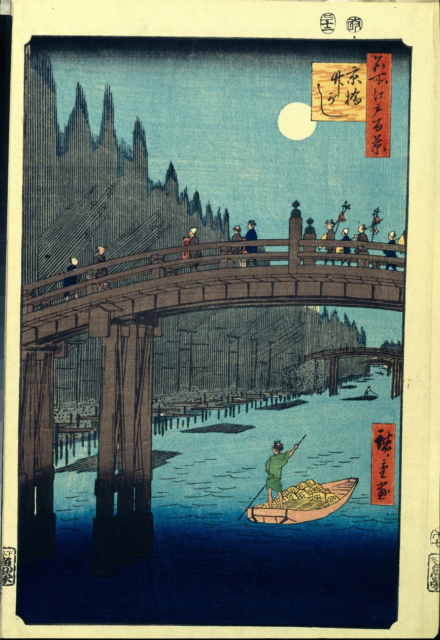 Japansk treblokktrykk: The Bamboo Wharf av Kyobashi Bridge (Tokyo, Japan). Serie hundre kjente visninger av Edo. (Bambuskaien ved Kyobashi-broen, hundre kjente utsikter over Edo). Verk av Utagawa Hiroshige (1797-1858), tresnitt (39x26 cm) av Ando or Utagawa Hiroshige