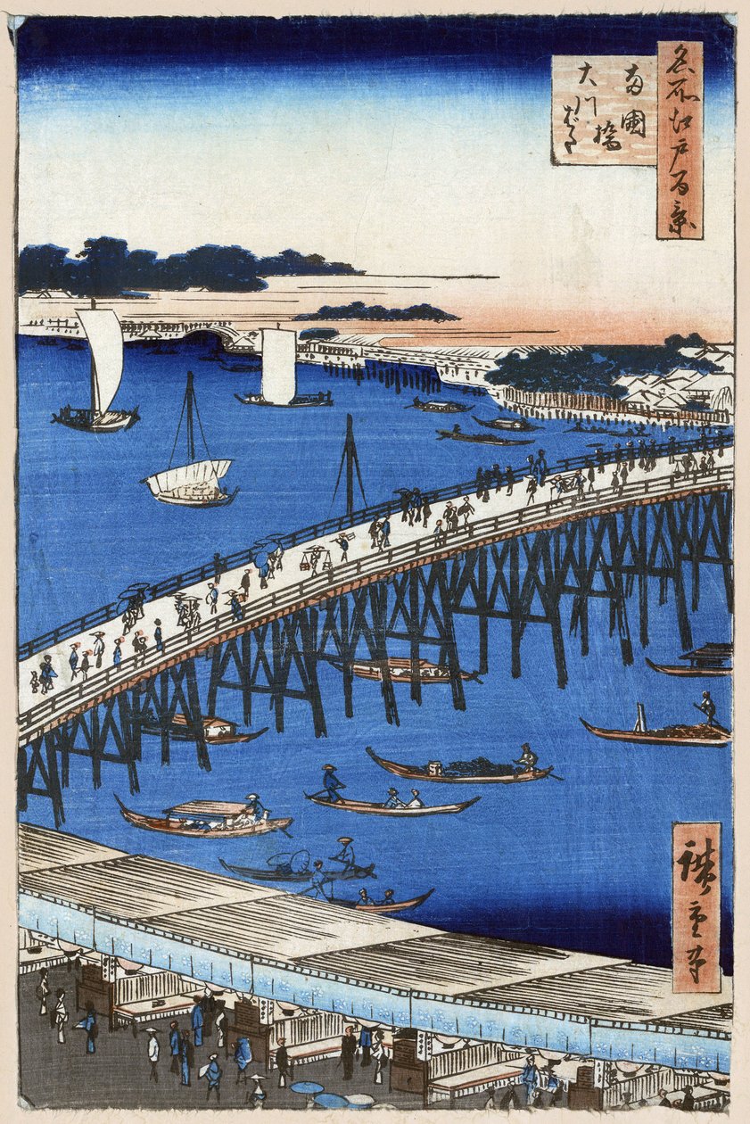 Japansk treblokktrykk: bredden av elven ved Ryogoku-broen (Tokyo, Japan). Serie hundre kjente visninger av Edo. (Elvebredden ved Ryogoku-broen. Hundre kjente utsikter over Edo). Verk av Utagawa Hiroshige (1797-1858), tresnitt av Ando or Utagawa Hiroshige
