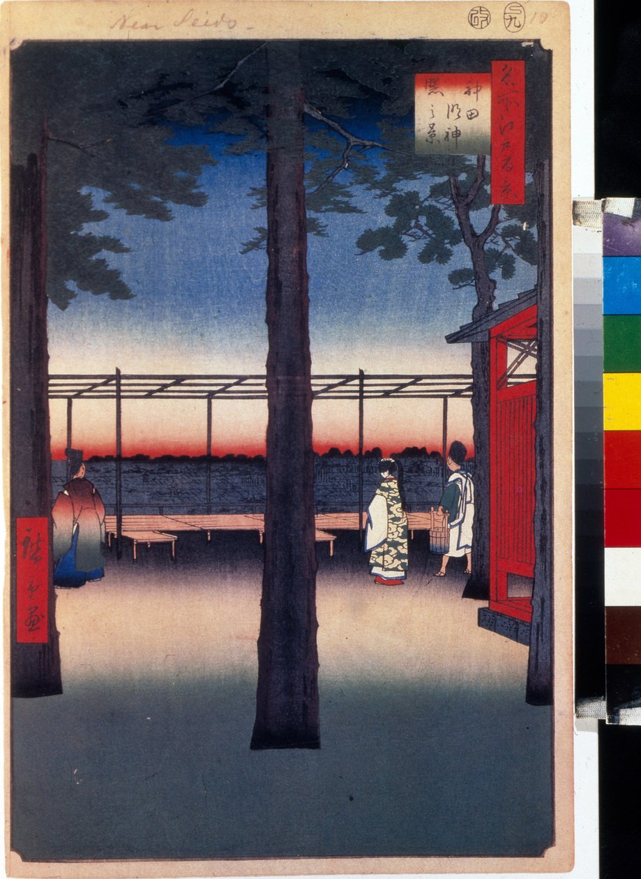 Japansk treblokktrykk: daggry ved Kanda Myojin-tempelet (Tokyo, Japan). Serie hundre kjente visninger av Edo. (Daggry ved Kanda Myojin-helligdommen, hundre kjente utsikter over Edo). Verk av Utagawa Hiroshige (1797-1858), tresnitt (39x26 cm) av Ando or Utagawa Hiroshige