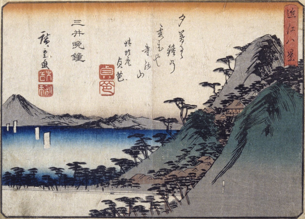 Evening Bell At Miidera (farget treblokktrykk) av Ando or Utagawa Hiroshige