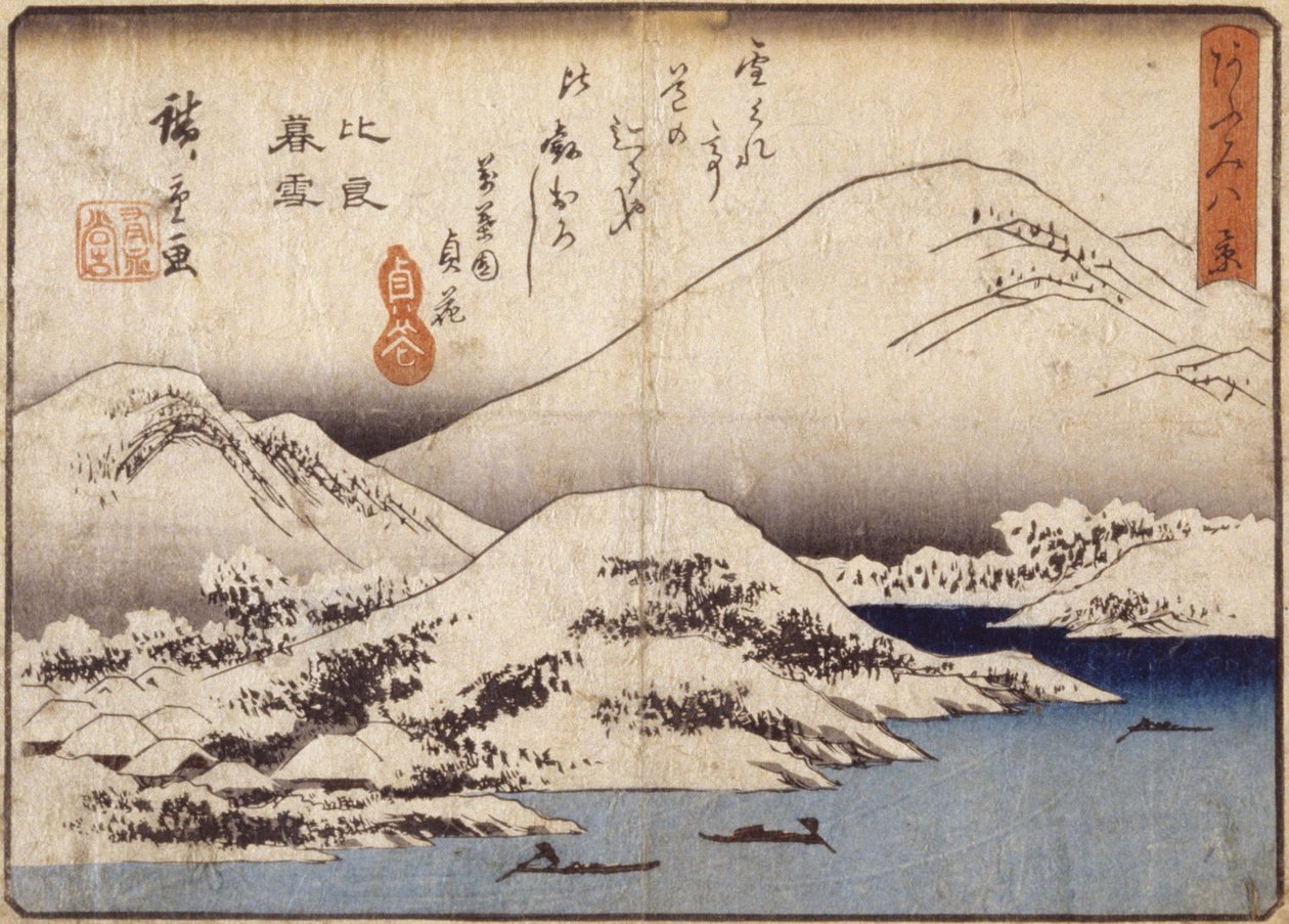 Kveldssnø på Mt. Hira (farget treblokktrykk) av Ando or Utagawa Hiroshige