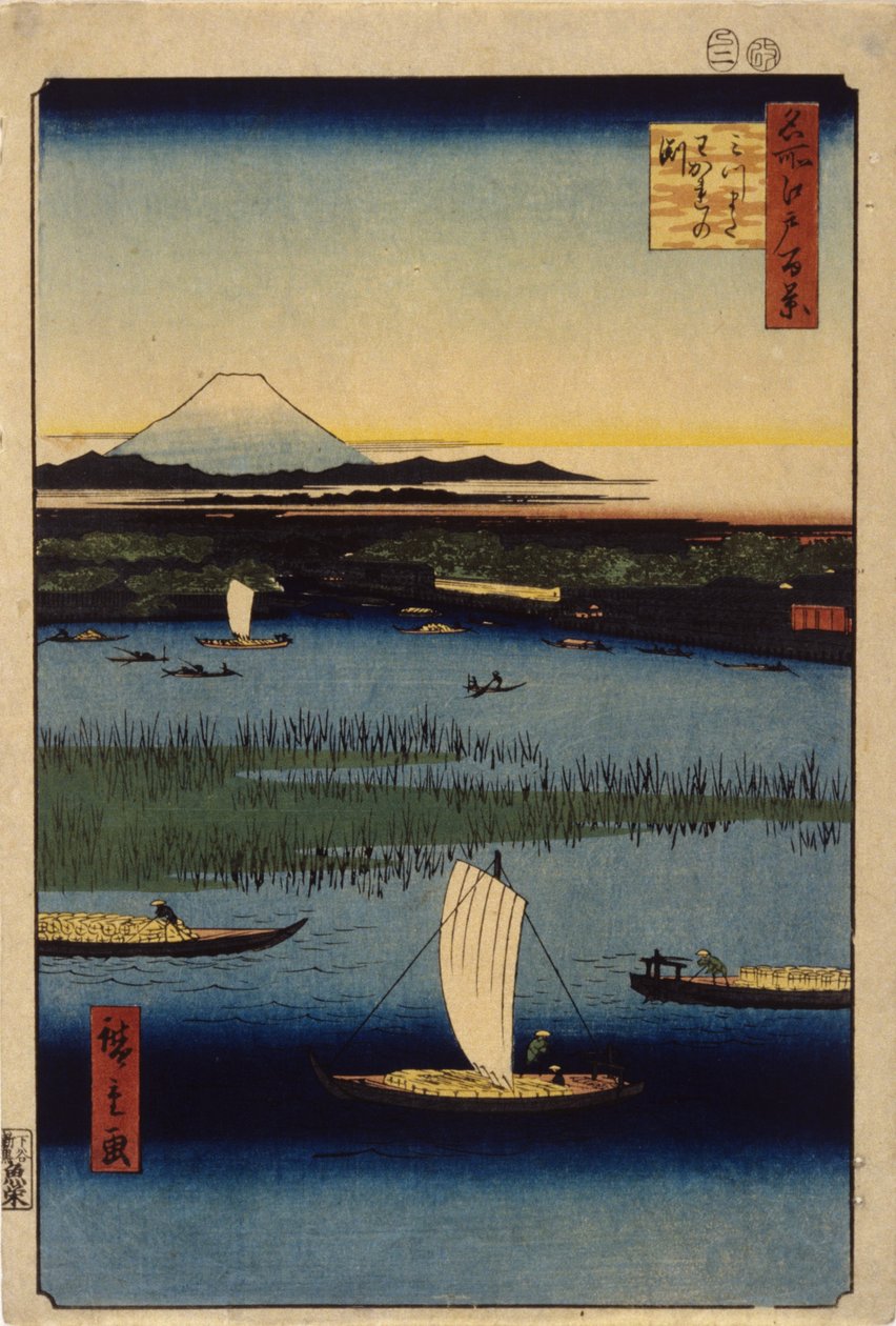 Farewell Channels At Mitsumata (farget treblokktrykk) av Ando or Utagawa Hiroshige