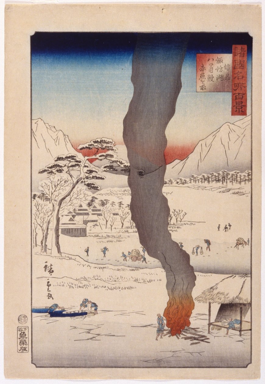 Fiske ved Suwa Lake i Shinano av Ando or Utagawa Hiroshige