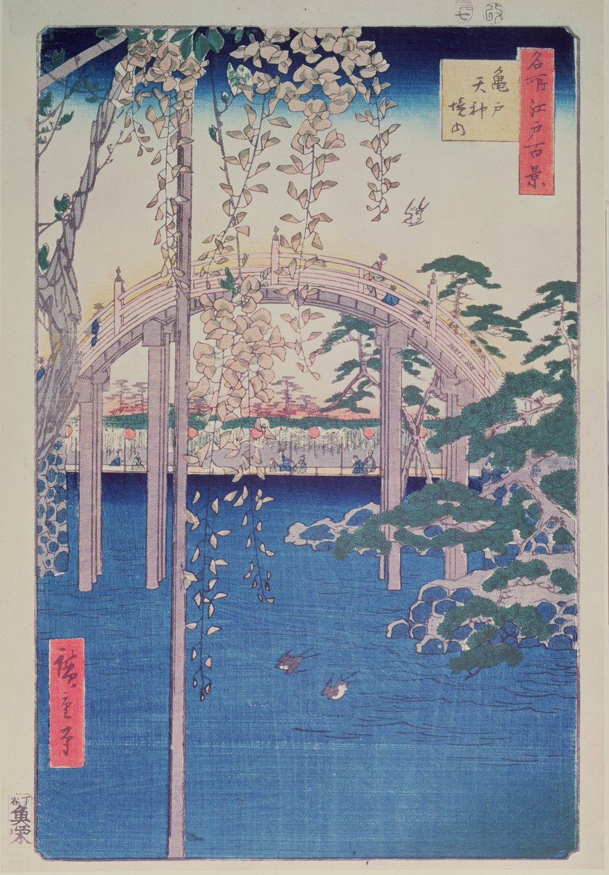 Gangbro over elv med blåregn i forgrunnen i full blomst av Ando or Utagawa Hiroshige