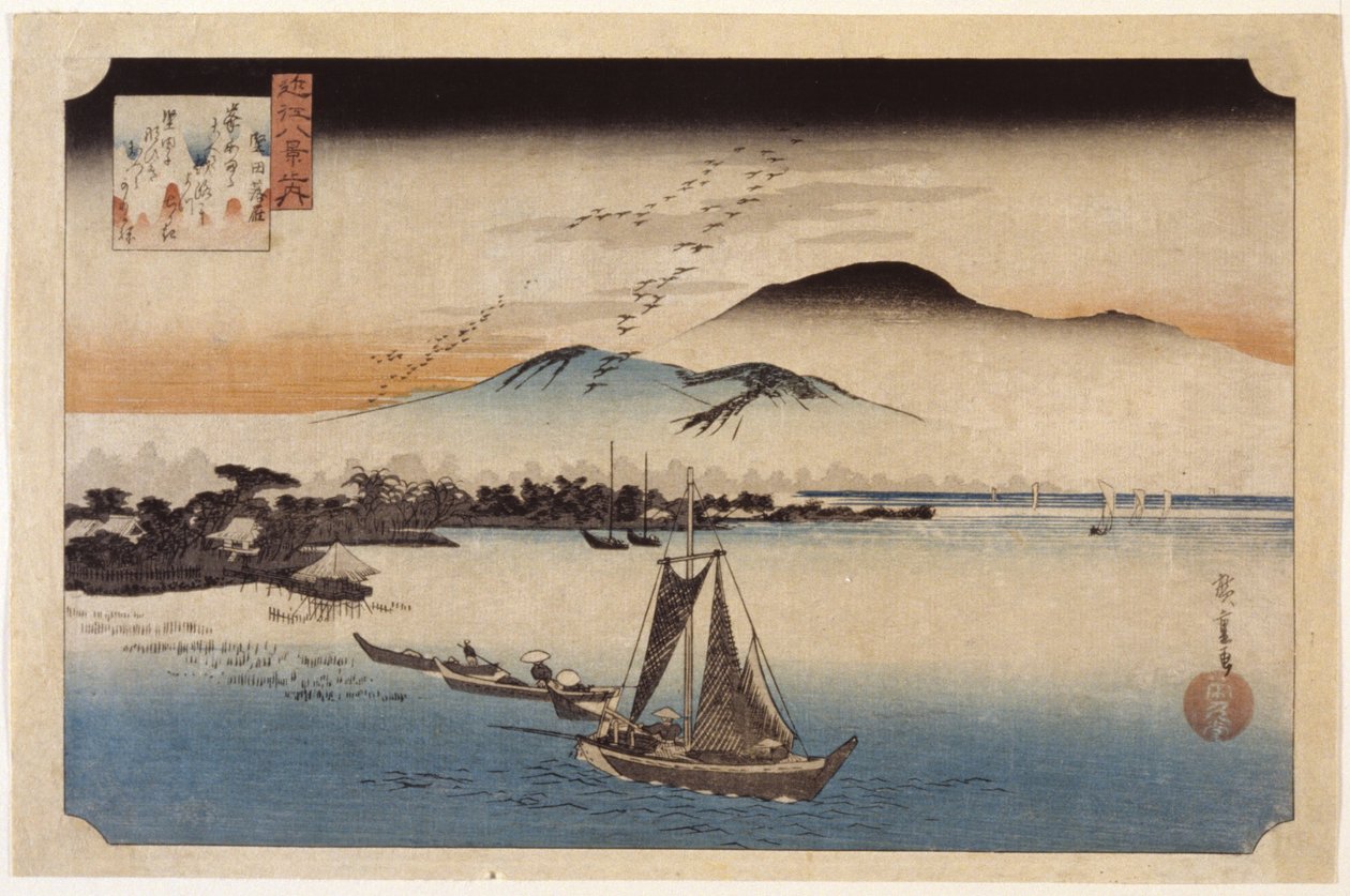 Geese Homing At Katata (farget treblokktrykk) av Ando or Utagawa Hiroshige