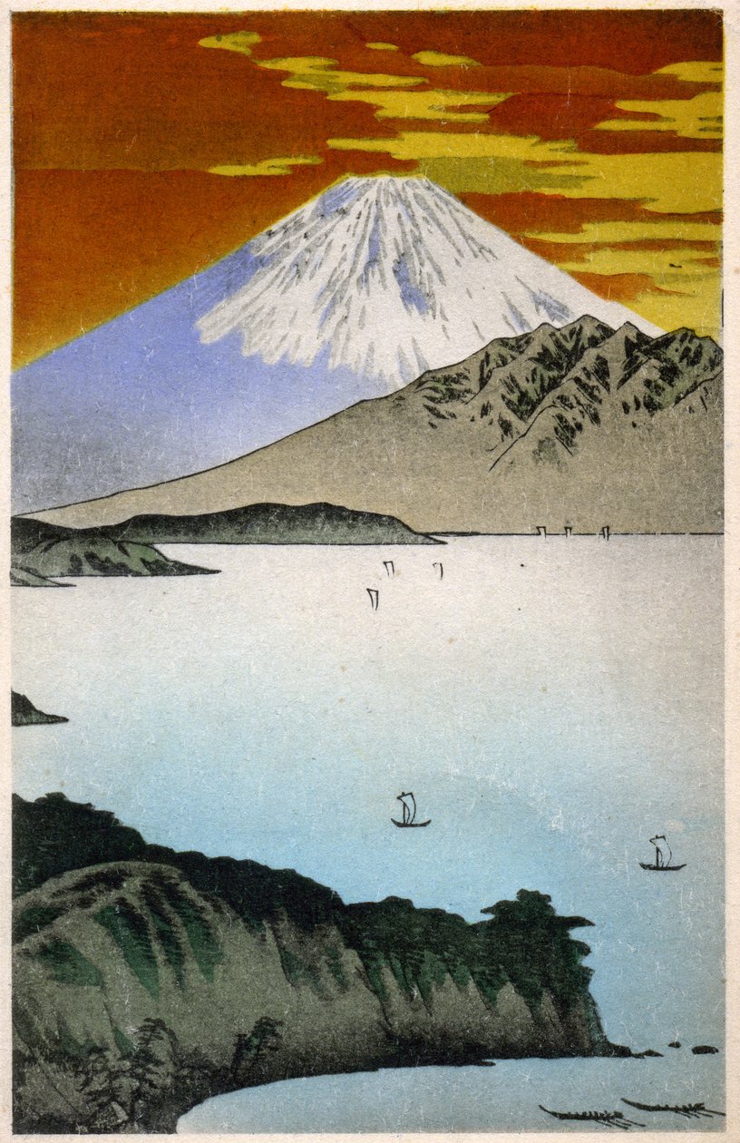 Geografi. Japan. Soloppgang på Fuji-fjellet. Tresnitt av Hiroshige i: Fifty Three Stations of the Tokaido (1833-1834). Postkort, Japan, ca. 1900 (postkort) av Ando or Utagawa Hiroshige