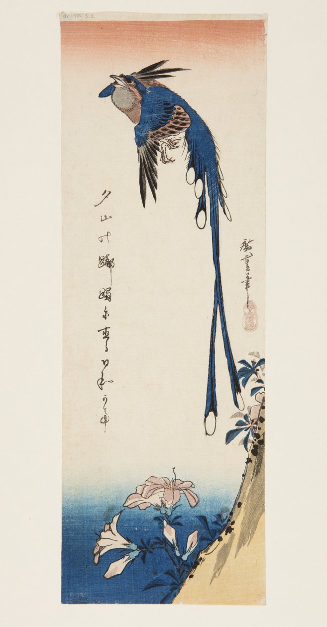 Magpie and Azalea (farget treblokktrykk) av Ando or Utagawa Hiroshige