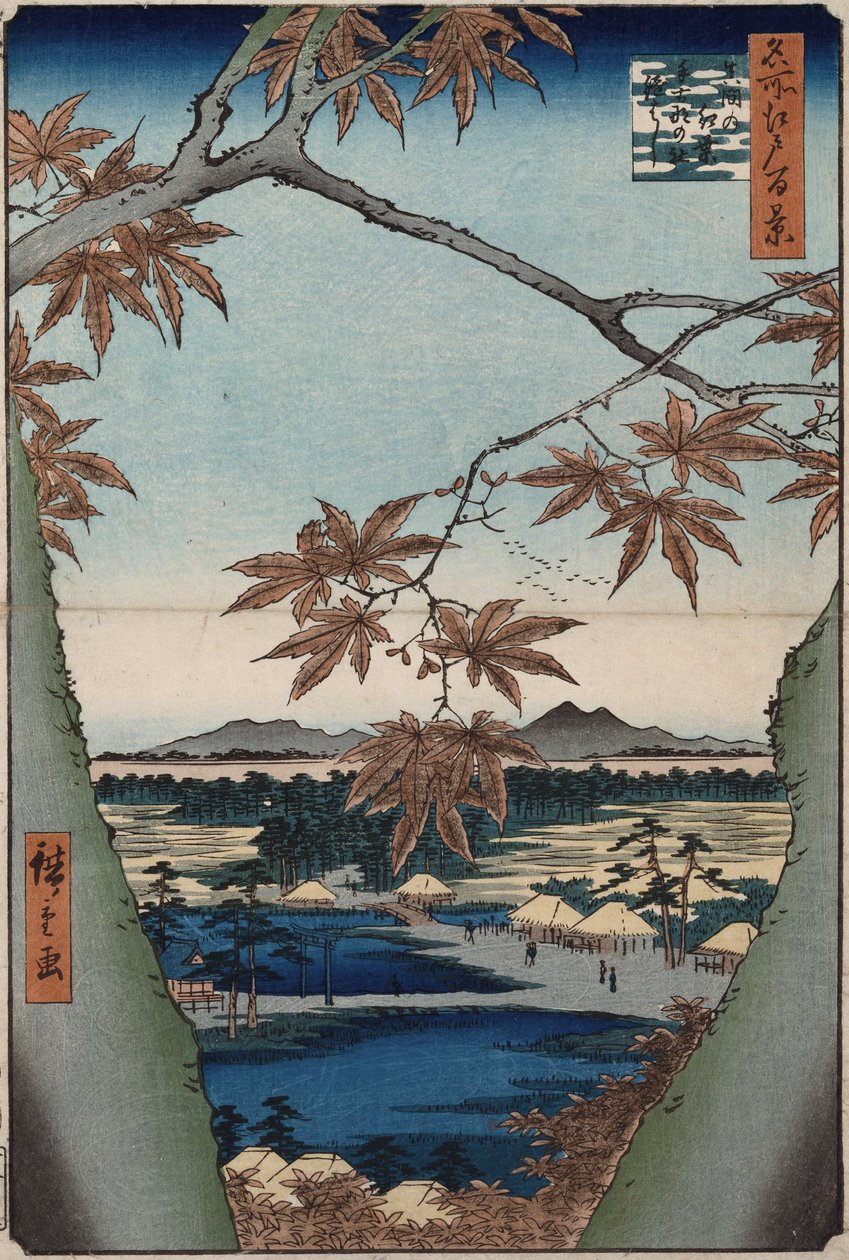 Lønløver og Tekona-helligdommen, og broen ved Mama, fra serien "One Hundred Views of Famous Places in Edo" av Ando or Utagawa Hiroshige