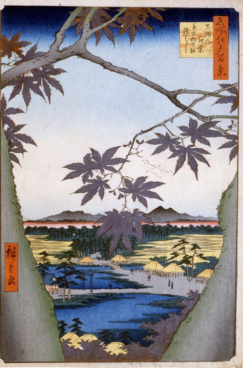 Maples to Mama med Tekona Temple og Tsugi Bridge. 1857. Trykk av Katswshika (Utagawa) Hiroshige (1797-1858). av Ando or Utagawa Hiroshige