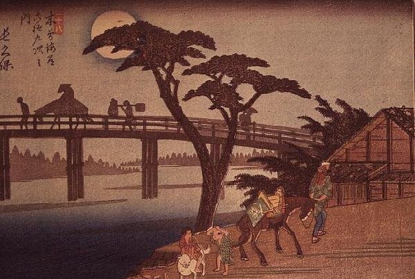 Måneskinn over Nagacubo, ca. 1840 (yoko-e horisontalt format fargetreblokktrykk) av Ando or Utagawa Hiroshige