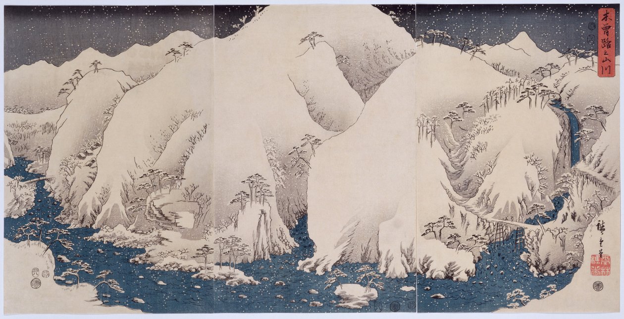"Kisos fjell og elver", 1857 av Ando or Utagawa Hiroshige