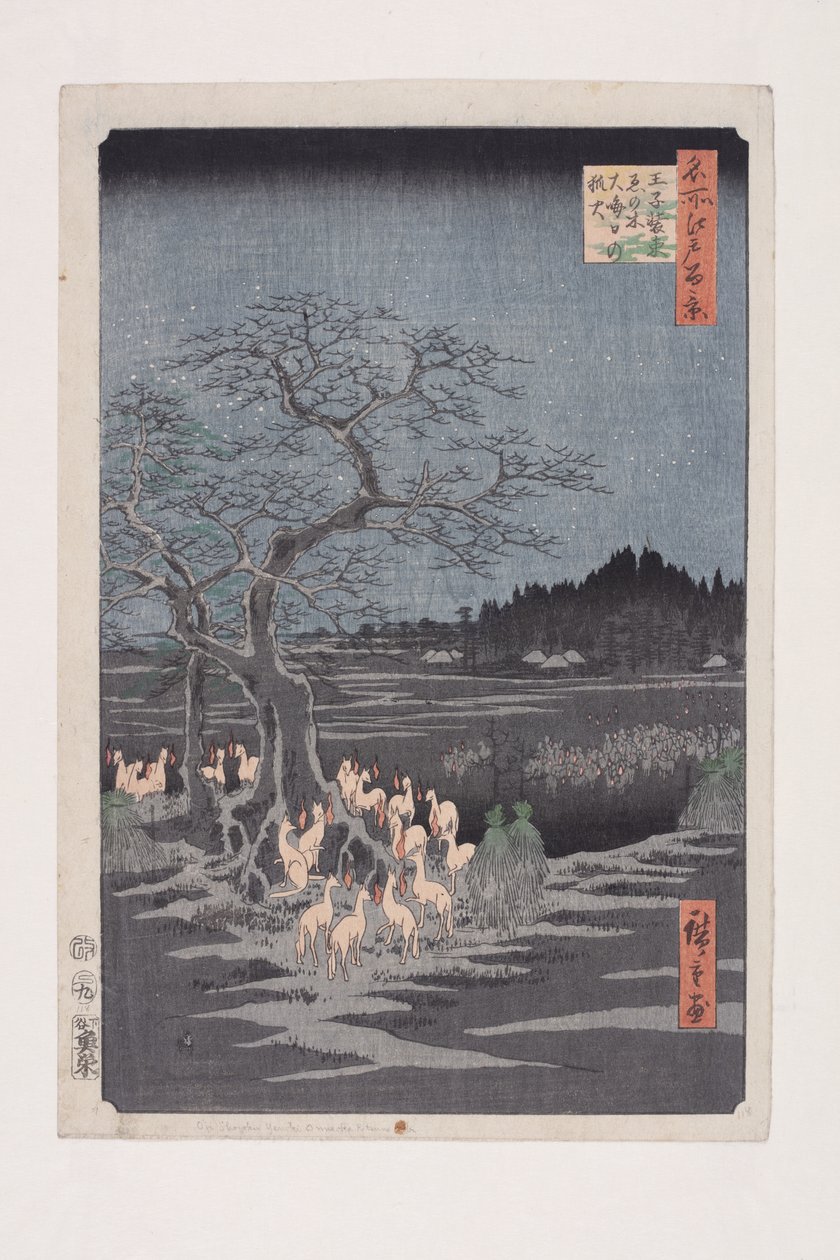 Nyttårsaften Foxfires at the Changing Tree, ?ji (?ji Sh?zoku enoki ?misoka no kitsunebi) (treblokktrykk i farger) av Ando or Utagawa Hiroshige