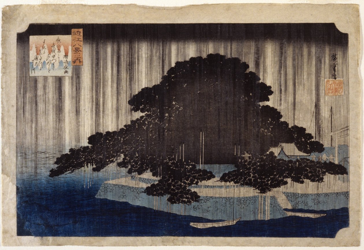Night Rain At Karasaki (farget treblokktrykk) av Ando or Utagawa Hiroshige