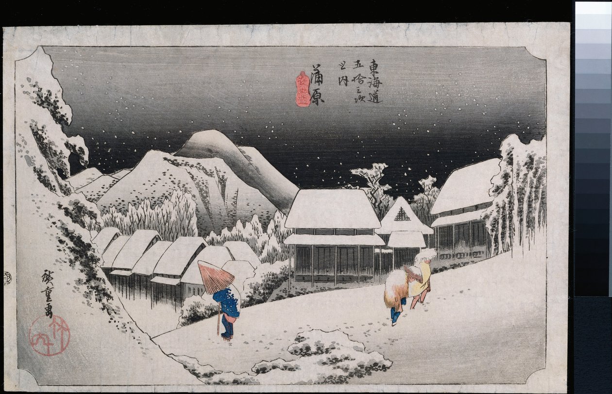 Night Snow, Kambara", fra serien "The Fifty-Three Stations of the Tokaido" av Ando or Utagawa Hiroshige