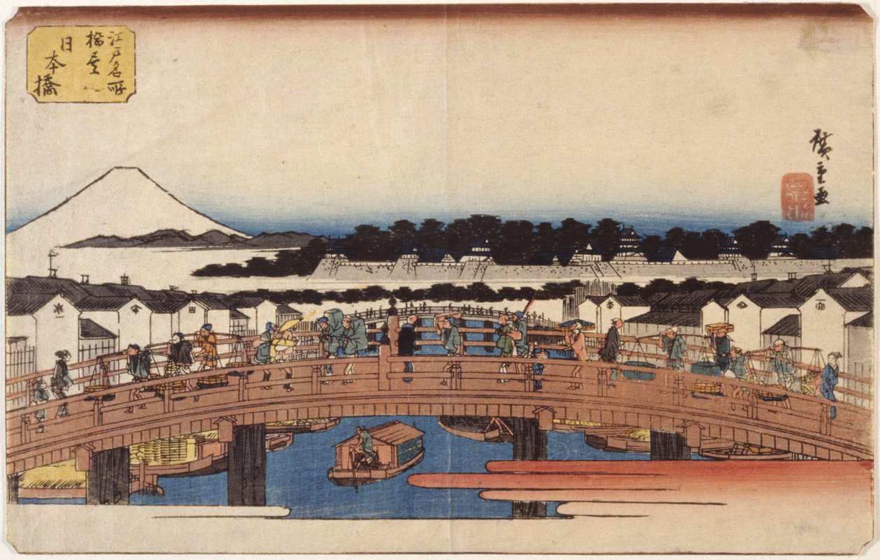 Nihonbashi (farget treblokktrykk) av Ando or Utagawa Hiroshige