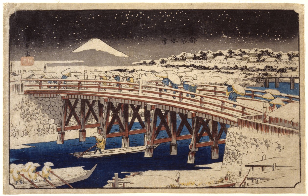 Nihonbashi In The Snow (farget treblokktrykk) av Ando or Utagawa Hiroshige