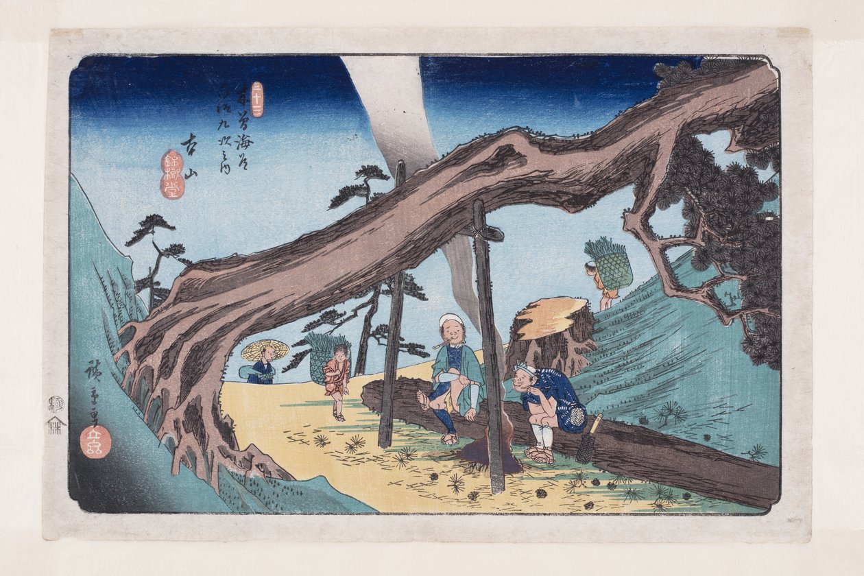 nr. 33, Motoyama (farget treblokktrykk) av Ando or Utagawa Hiroshige