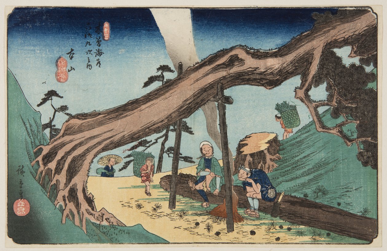 nr. 33, Motoyama (farget treblokktrykk) av Ando or Utagawa Hiroshige