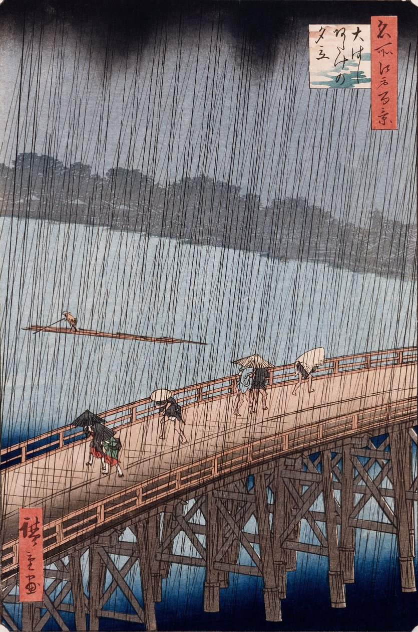 Ohashi, Sudden Shower at Atake, fra serien "One Hundred Views of Famous Places in Edo" av Ando or Utagawa Hiroshige