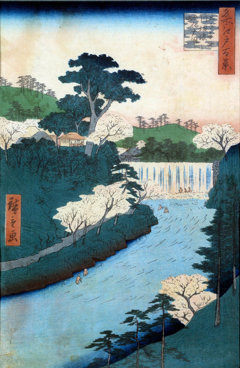 Hundre kjente utsikter over Edo: demningen av Otonashioji-elven. Japansk trykk av Utagawa Hiroshige (1797-1858) 1800-tallet. Privat samling. av Ando or Utagawa Hiroshige