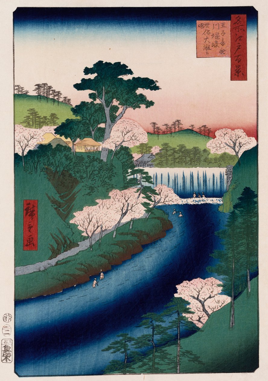 Otonashi River Dam, Oji, populært kalt Great Waterfall, fra serien "One Hundred Views of Famous Places in Edo" av Ando or Utagawa Hiroshige