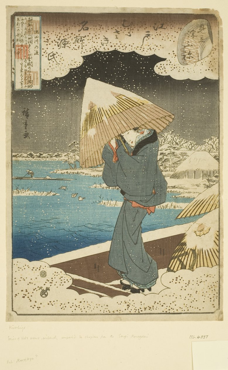 Parodi på Ukifune Chapter: Ferry on the Sumida River (farget treblokktrykk) av Ando or Utagawa Hiroshige