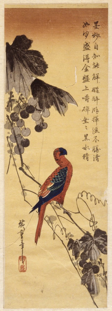 Papegøye og druer (farget treblokktrykk) av Ando or Utagawa Hiroshige