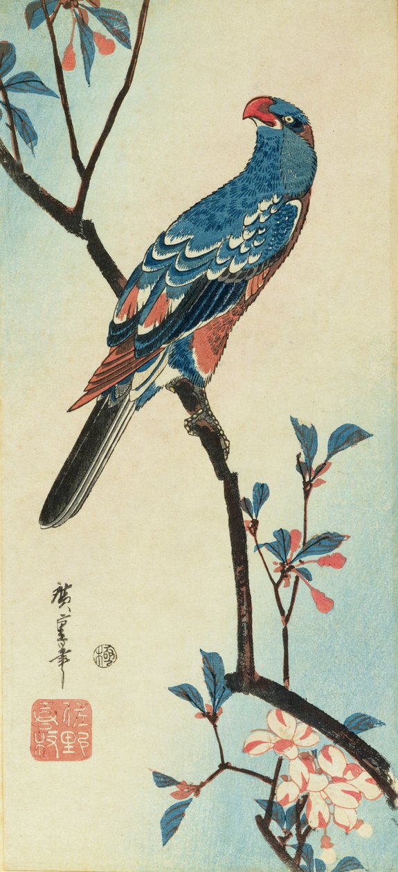 Papegøye på en gren (treblokktrykk) av Ando or Utagawa Hiroshige