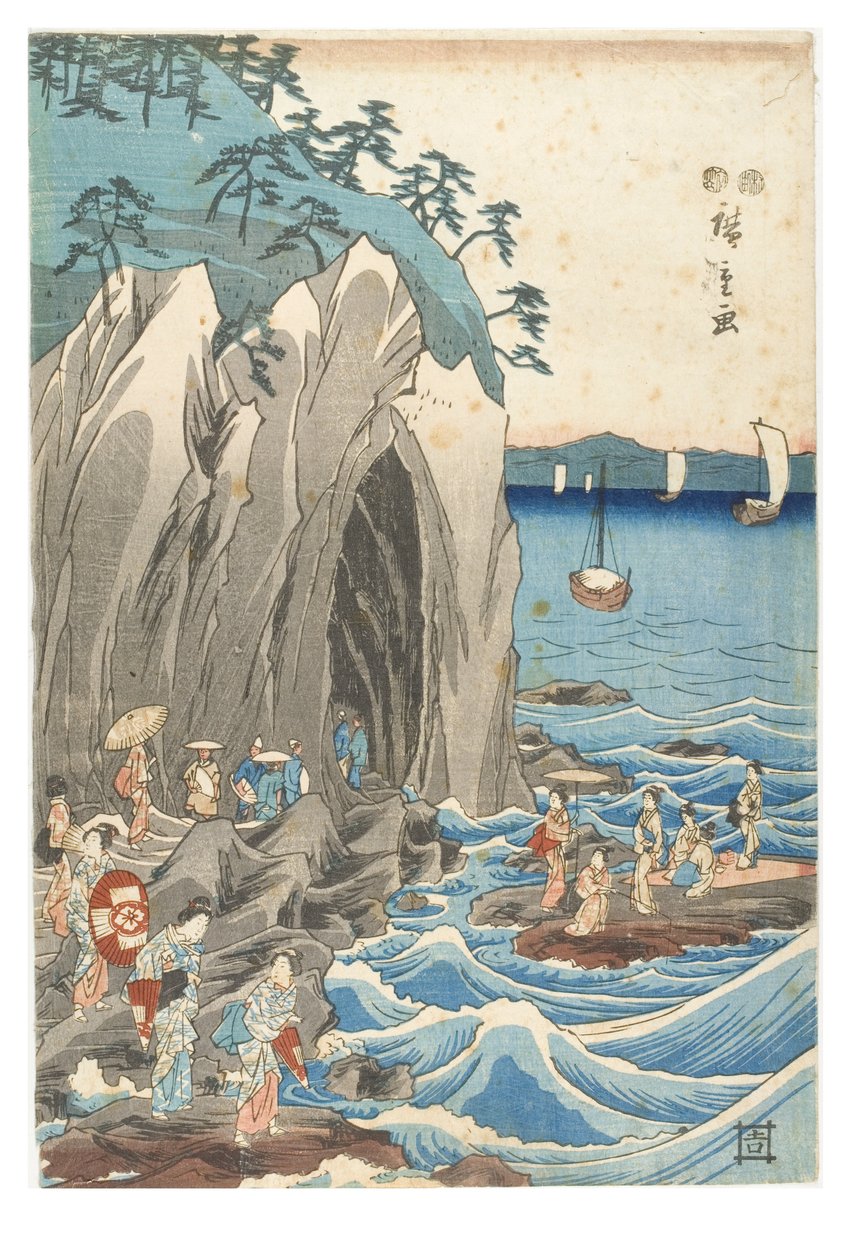 Pilgrimsreise til utstillingen av Benzaiten-statuen i hovedhelligdommen til Iwaya ved Enoshima i provinsen Sagami, ca. 1847-1852 (treblokktrykk på papir) av Ando or Utagawa Hiroshige