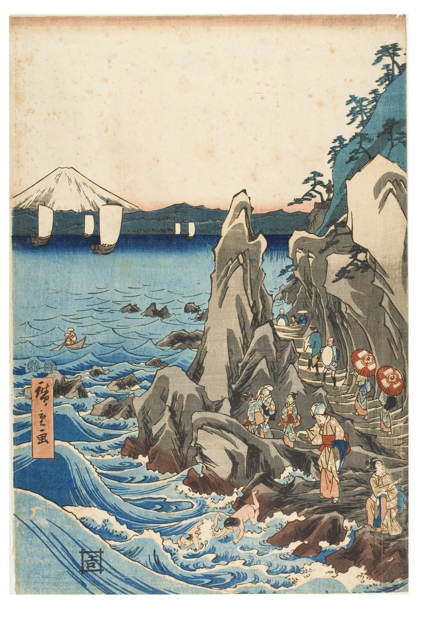 Pilgrimsreise til utstillingen av Benzaiten-statuen i hovedhelligdommen til Iwaya ved Enoshima i provinsen Sagami, ca. 1847-1852 (treblokktrykk på papir) av Ando or Utagawa Hiroshige